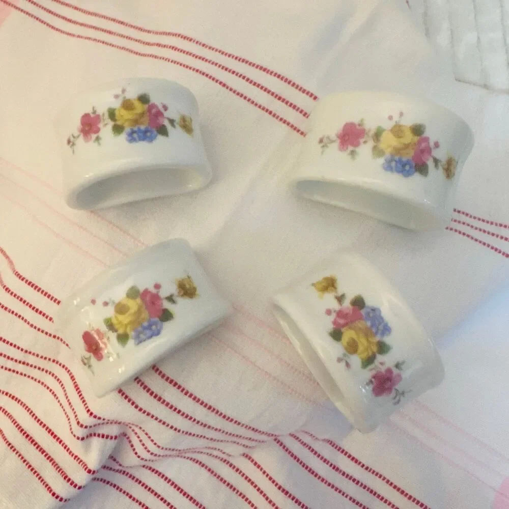 Vintage Porcelain Napkin Rings Hand Painted Floral Design Set of 4